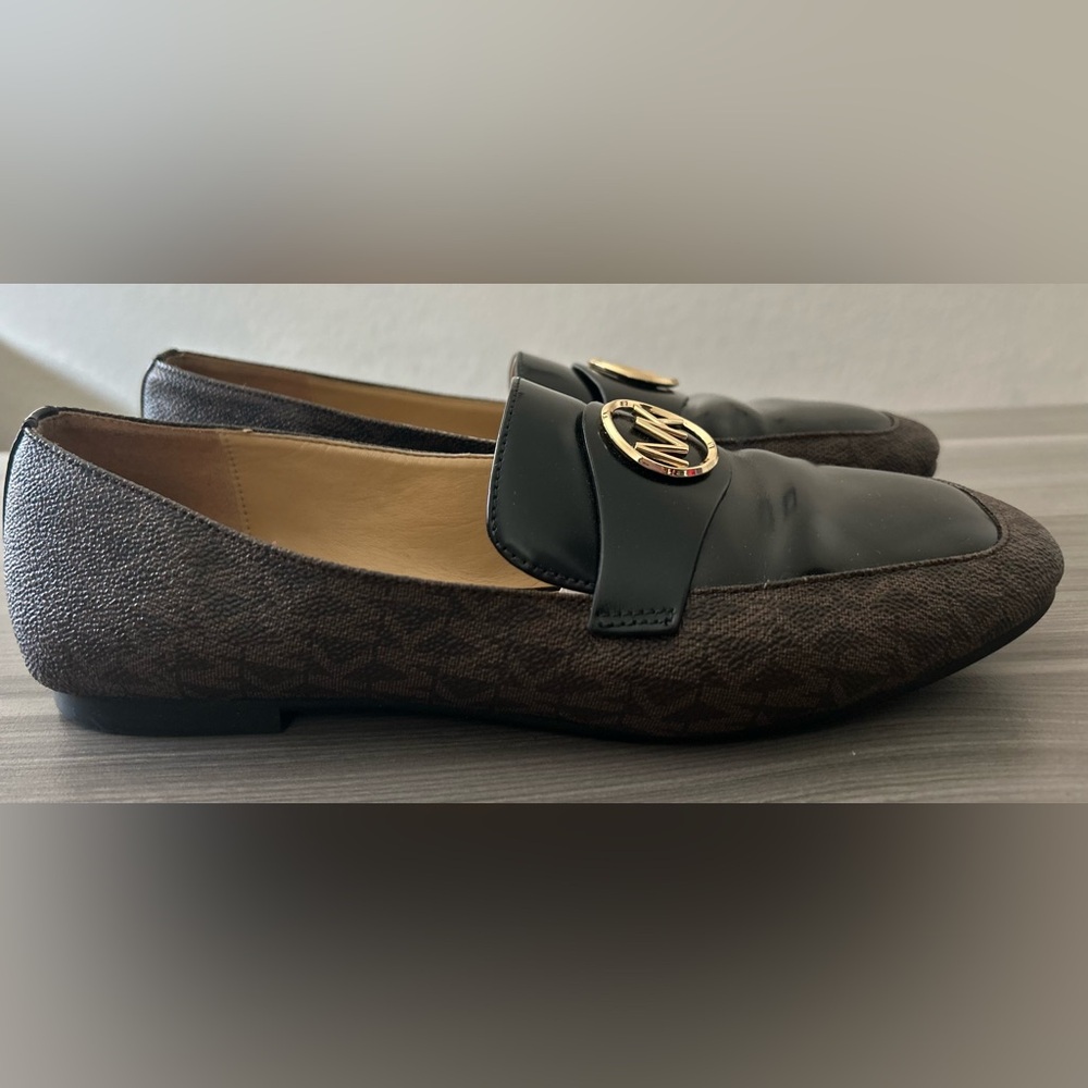 Michael Kors Dark Brown Logo-Print Leather Accent Loafers with Gold Emblem